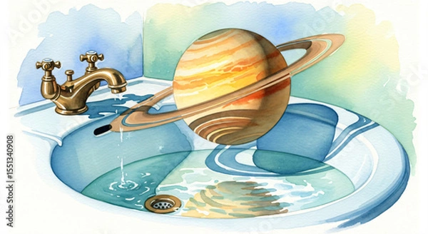 Fototapeta A watercolor painting of a sink with Saturn hovering above, water dripping into the basin.