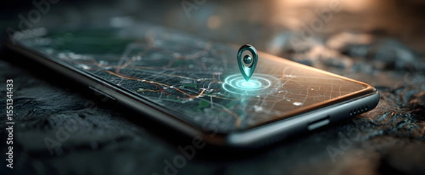 Fototapeta The smartphone displaying a map with a prominent location marker above.