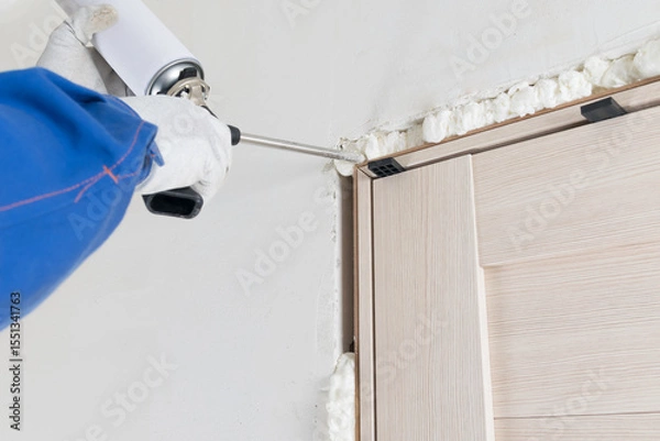 Fototapeta a uniformed worker installs a doorway and seals it with foam