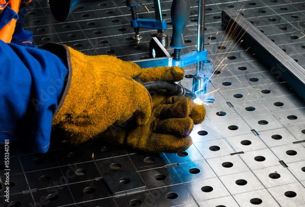 Fototapeta metal parts clamped in a vice, on the work table are connected by welding, bright fire