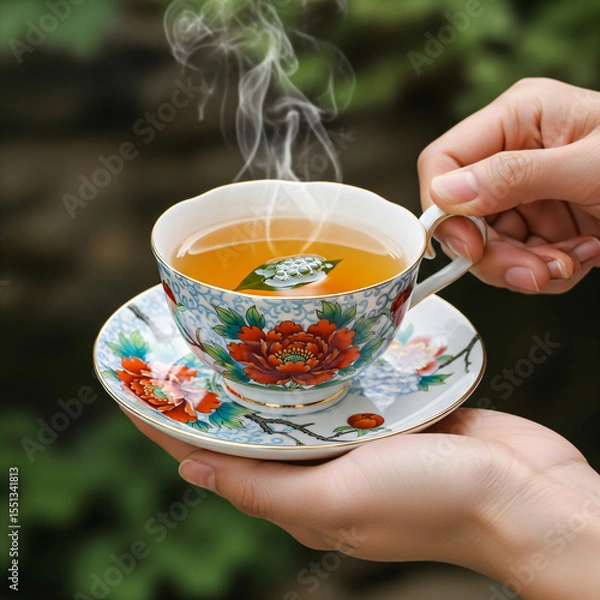 Fototapeta Hands holding a decorative teacup and saucer with steaming tea and a floating leaf.