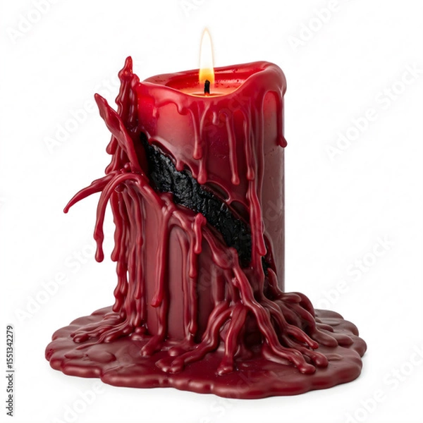 Fototapeta Red candle with dripping wax and a blackened vertical section, lit with a small flame on top.