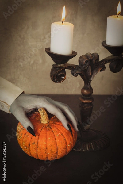 Fototapeta Vintage candelabrum with burning candles and pale vampire hand with touches small pumpkin on the table, vertical image.