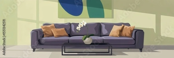 Fototapeta Stylized 2D graphic of modern living room with gray sofa and large abstract painting – Ideal for home decor, minimalist interiors, or contemporary design content
