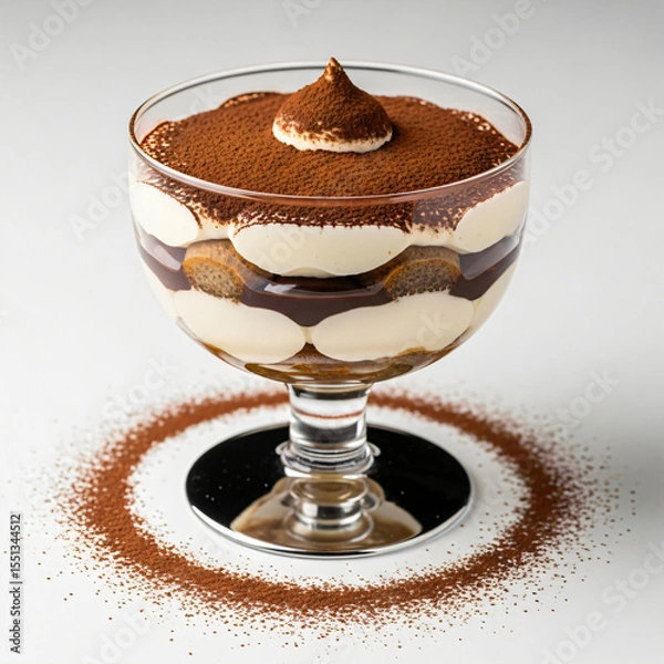 Fototapeta Tiramisu dessert in a clear glass goblet, with layers of cream, chocolate, and cake, topped with cocoa powder.