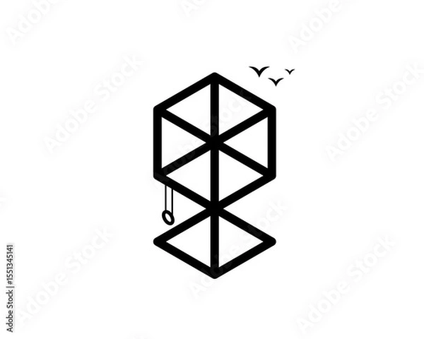 Obraz Simple Wireframe 3d isometric box Geometric Tree Tower with Birds Logo