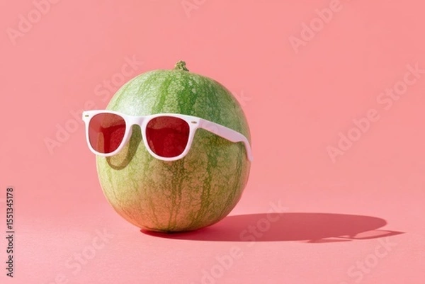 Obraz Watermelon wearing sunglasses on a solid color background , Generative AI