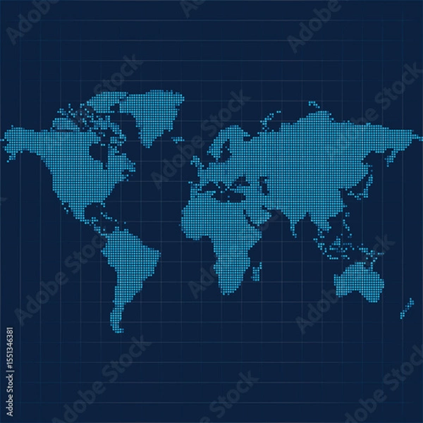 Fototapeta Digital dot world map on dark grid background. Modern data-style vector for tech presentations, network infographics, and global business themes.