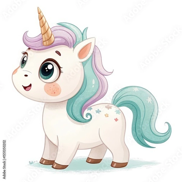 Obraz Charming Cartoon White Unicorn with Pastel Mane and Golden Horn on White