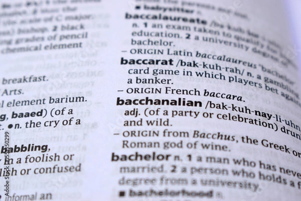 Obraz English Definition Dictionary Page Of Printed Word -  Bacchanalian Close Up
