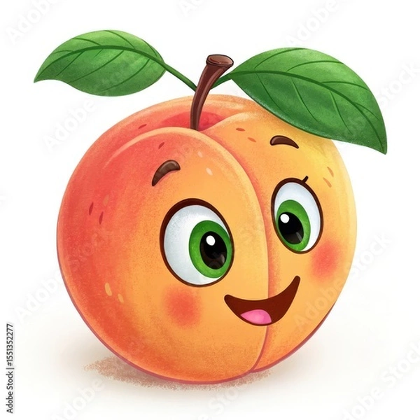 Obraz Charming Peach Cartoon Character with Happy Expression and Green Leaves on White