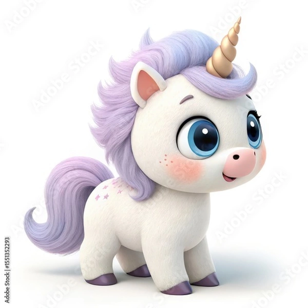 Obraz Charming Plush Unicorn with Pastel Mane and Golden Horn on a White Background
