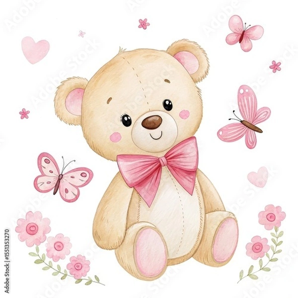 Obraz Charming Teddy Bear With Pink Bow, Butterflies and Flower, On White