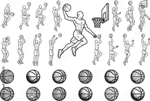 Fototapeta Set of basketball player outline icons in dynamic action poses. Perfect for sports infographics, mobile apps, posters, and active lifestyle design themes.