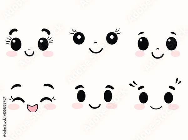 Obraz Cute Cartoon Faces with Different Expressions on a White Background