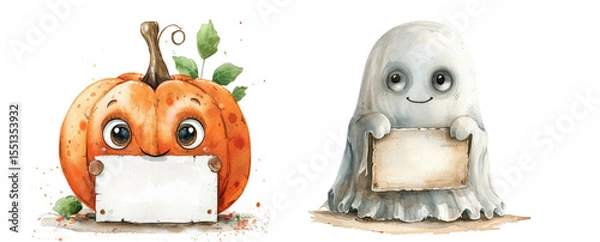 Fototapeta Isolated watercolor illustration of a smiling pumpkin and a friendly ghost, both holding blank signs. Suitable for children's themes and Halloween.