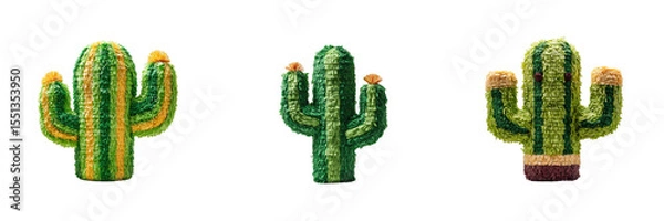 Fototapeta Three colorful cactus shaped pinatas in vibrant green, yellow, and brown colors isolated on transparent background PNG. Ideal for festive celebrations and Latino Mexican holidays.
