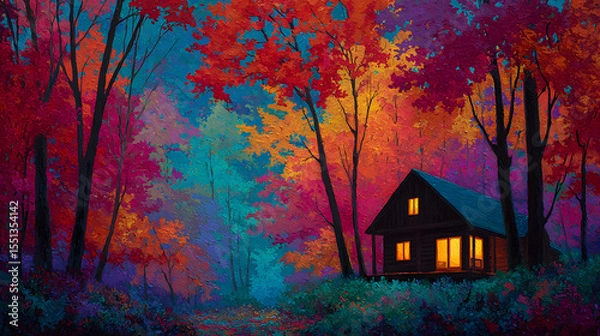 Obraz A cozy cabin with glowing windows nestled among vividly colored fall trees at dusk