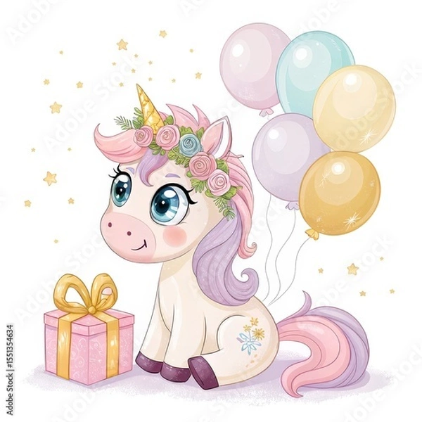 Obraz Charming Watercolor Unicorn with Balloons and Gift on a Transparent Background