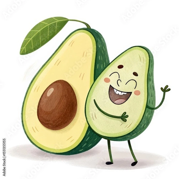 Obraz Cheerful Avocado Cartoon Halves with Seed, Cute Face on Transparent Background