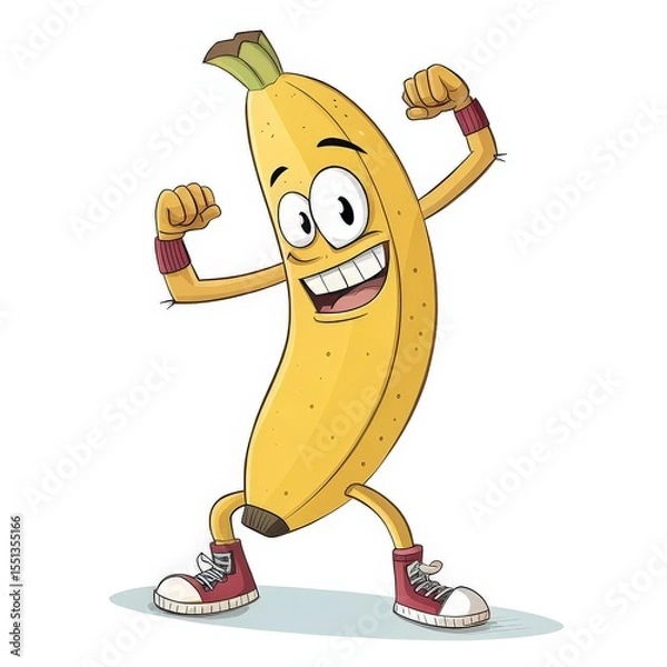 Obraz Cheerful Banana Cartoon Character Biceps Display in Red Sneakers on White Background