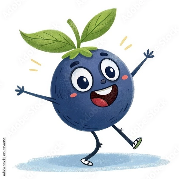 Obraz Cheerful Blueberry Cartoon Character with Big Eyes and Green Leaves on White Background