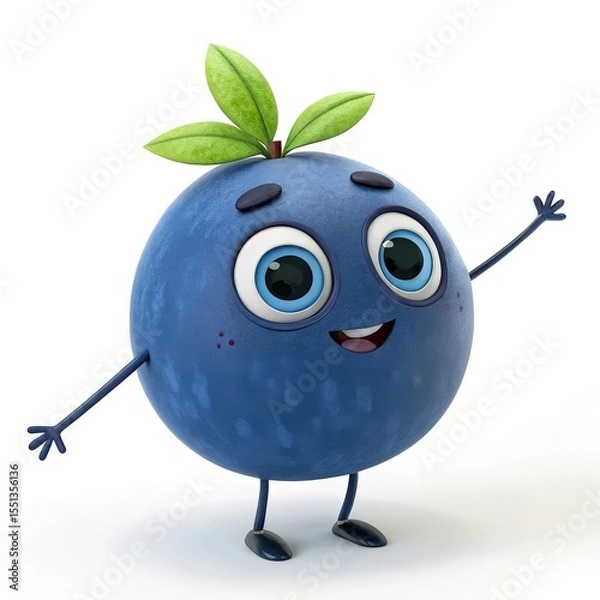 Obraz Cheerful Blueberry Cartoon Character with Big Eyes and Leaves on White Background