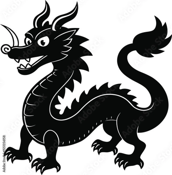 Fototapeta Mythic Majesty: A black mythical dragon stands proud, exuding power and intrigue, representing legends of old and capturing the essence of fantasy.