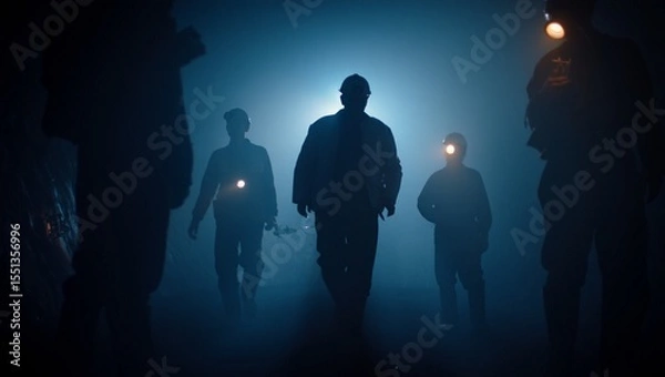 Fototapeta Miners, silhouetted at a mineshaft’s entrance, stand bathed in ethereal subterranean light; shadows, coal dust, and dim lanterns evoke mystery, hardship, resilience, and the haunting beauty of life be
