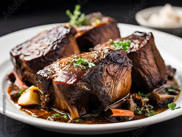 Fototapeta A sumptuous close-up of braised short ribs, highlighting the tender meat, exposed bone detail, and a rich, glossy glaze.
