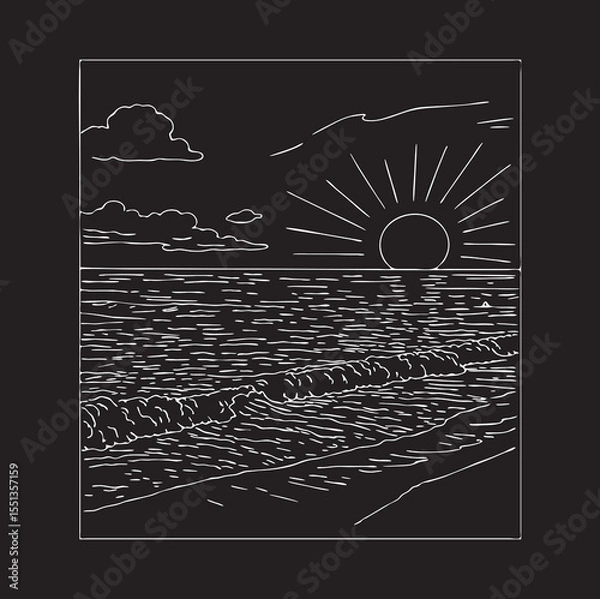 Fototapeta tropical landscape vector sketch. seascape sea surface vector sketch on black background chalk
