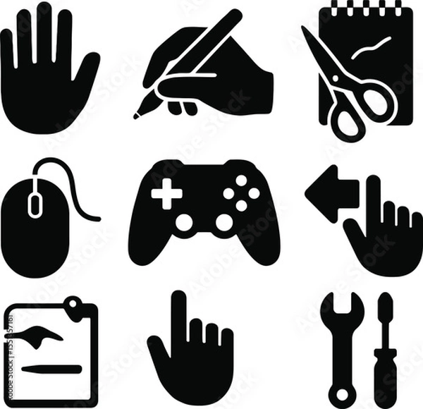 Fototapeta Black silhouette icon set for Left-Handers Day. Solid black vector pictograms featuring left hand symbol, hand holding pen on the left, left-handed scissors, writing icon, drawing sketchpad, mouse on 