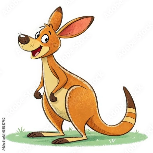 Obraz Cheerful Brown Kangaroo Cartoon Standing on Green Grass with a White Background