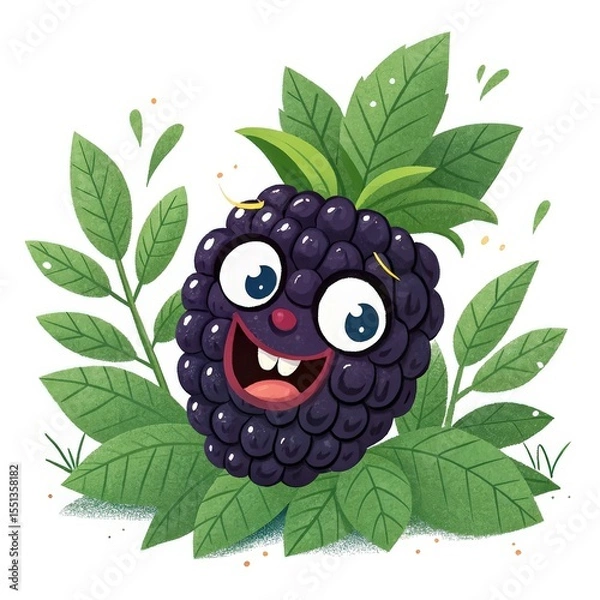 Obraz Cheerful Cartoon Blackberry Character with Big Smile Among Green Leaves on Transparent