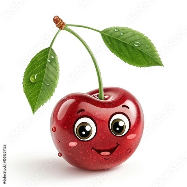 Obraz Cheerful Cartoon Cherry with Green Leaves and Water Droplets on White Background