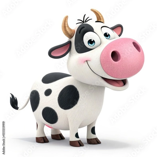 Obraz Cheerful Cartoon Cow Character with Pink Nose and Black Spots, White Background