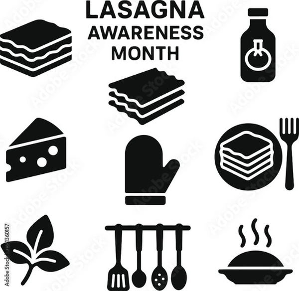 Fototapeta Black silhouette icon set for Lasagna Awareness Month. Solid black vector pictograms featuring layered lasagna slice, pasta sheets, tomato sauce, cheese, oven mitt, serving plate, fork, basil leaf, ki