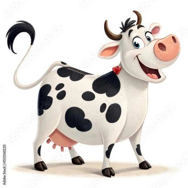 Obraz Cheerful Cartoon Cow With Black Spots,Red Cowbell,and Horns on Transparent Background