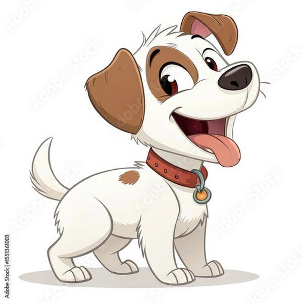 Obraz Cheerful Cartoon Dog with Red Collar Isolated on White Background Character Design