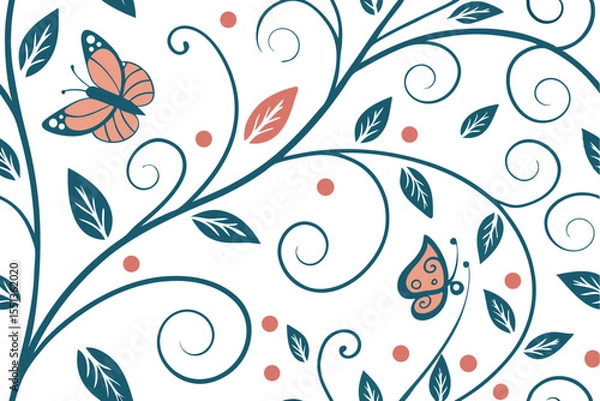 Fototapeta Teal Handdrawn Floral Vine Pattern with Peach Butterflies and Dots vector