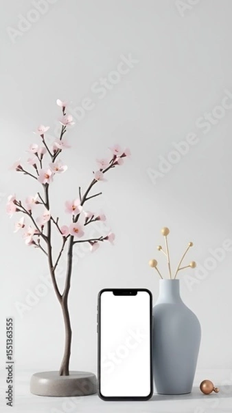 Fototapeta Minimalist Zen Still Life with Pink Blossom Tree, Smartphone, and Pastel Decor in Soft Light
