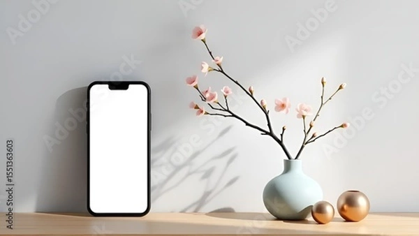 Fototapeta Minimalist Zen Still Life with Pink Blossom Tree, Smartphone, and Pastel Decor in Soft Light
