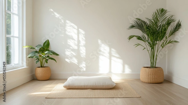 Obraz Serene meditation space featuring soft cushion on natural mat, surrounded by lush plants