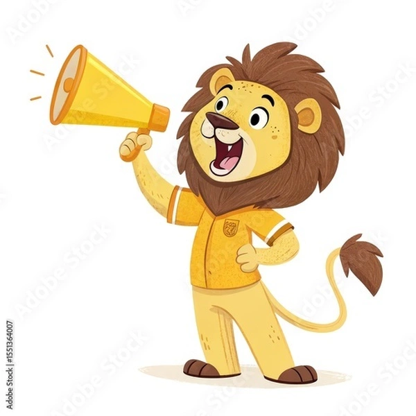 Obraz Cheerful Cartoon Lion Mascot Speaking Loudly with Megaphone on White Background
