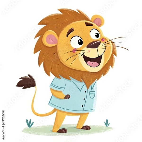 Obraz Cheerful Cartoon Lion in Blue Shirt Standing on Grassy Patch, Style