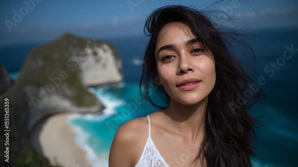 Obraz Beautiful girl on the background of tropical landscape.