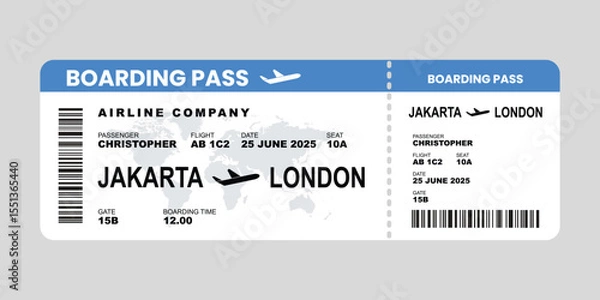 Obraz Blue and white Airplane ticket design. Realistic illustration of airplane ticket boarding pass with passenger name and destination. Concept of travel, journey or business trip. Isolated on white.