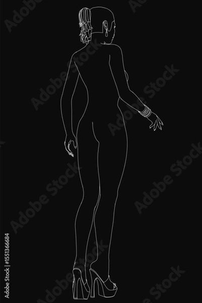 Fototapeta A young girl stands gracefully in a simple line art illustration, featuring clean strokes and minimal details. Her posture is relaxed yet poised, with flowing hair and a subtle curve to her.