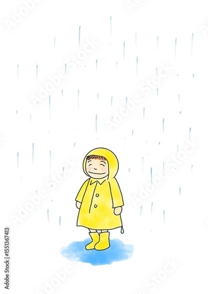 Fototapeta 雨が降る中、黄色いレインコートを着た子供
