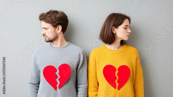 Fototapeta Sad couple with broken heart symbols for breakup or divorce concept